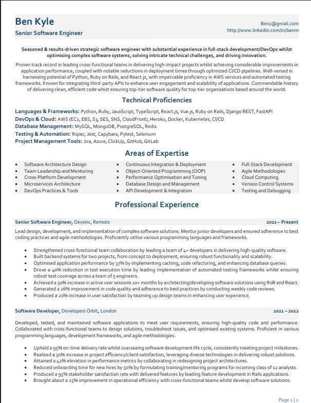 Tech and Engineering CV format example